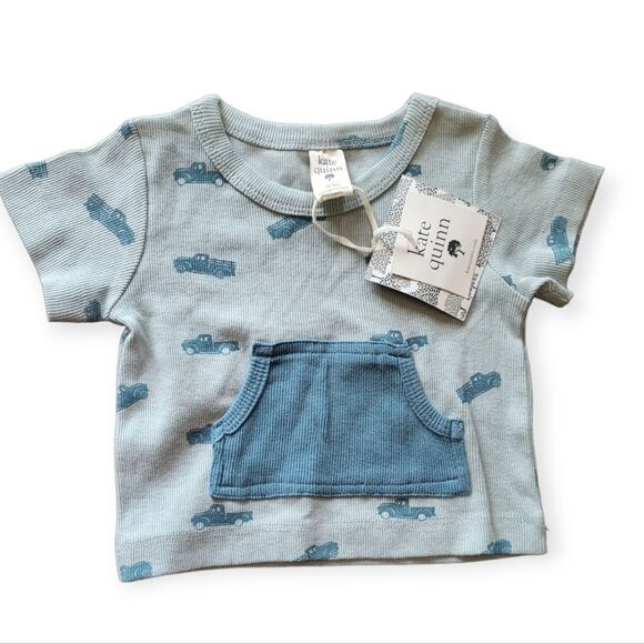 NWT Kate Quinn Ribbed Baby T-Shirt with Kangaroo Pocket Teal Trucks - Picture 1 of 3